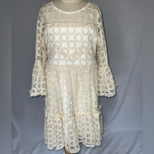 EUC Rare Editions SZ 7 cream colored sheer, lacy, and bell sleeved dress.